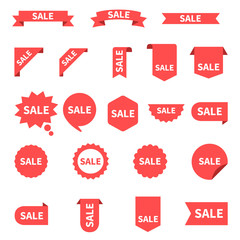 Sale Label collection set. Sale tags. Discount red ribbons, banners and icons. Shopping Tags. Sale icons. Red isolated on white background, vector illustration.