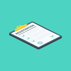 Isometric Registration clipboard with checklist. Man hold in hand clipboard agreement. Flat design, vector illustration on background.