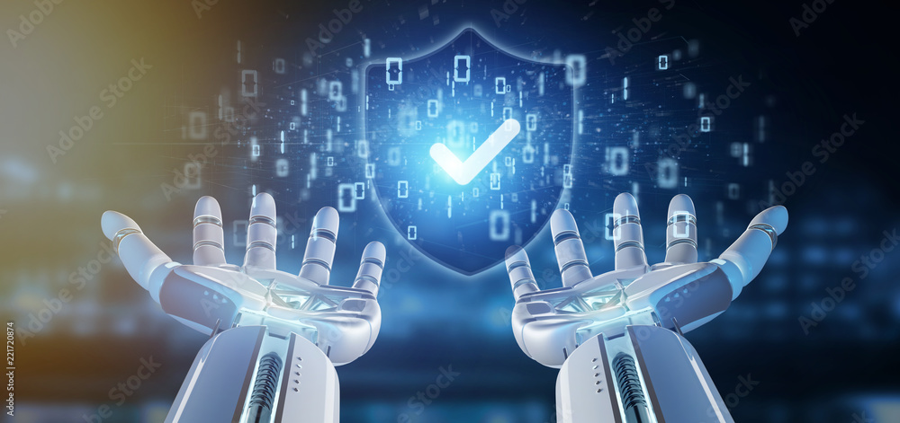 Poster cyborg hand holding a shield web security concept 3d rendering