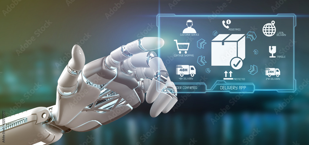 Poster cyborg hand holding a logistic delivery application screen 3d rendering