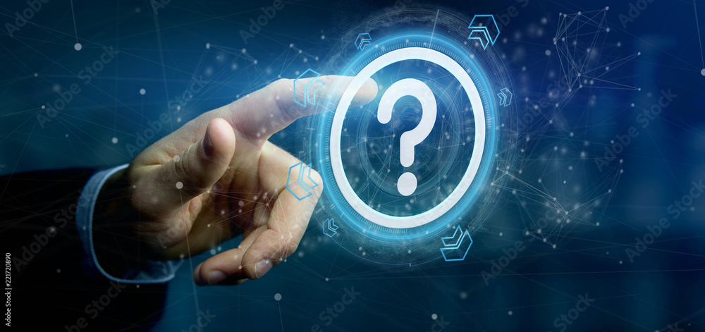 Poster man holding a technology question mark icon on a circle 3d rendering