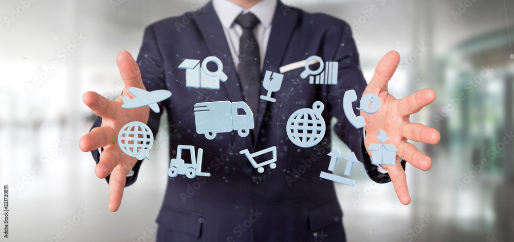 Poster businessman holding a logistic organisation with icon and connection 3d rendering