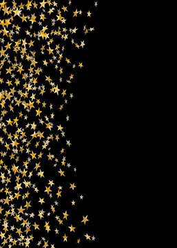 Gold stars falling confetti isolated on black background. Golden abstract random pattern Christmas card, New Year holiday. Shiny confetti paper stars. Glitter explosion. Vector illustration