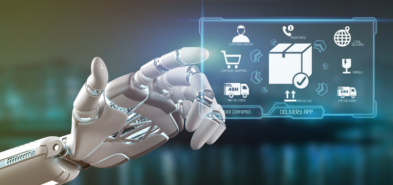 Cyborg hand holding a  Logistic delivery application screen 3d rendering