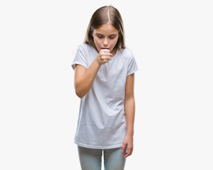 Young beautiful girl over isolated background feeling unwell and coughing as symptom for cold or...