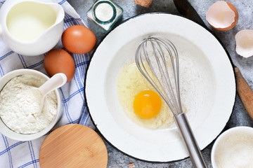 Ingredients for pie with pears. The process of making sweet pastries. Ingredients for baking.
