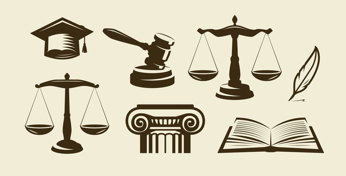 Justice set of icons. Lawyer, advocate, law symbol. Vector illustration