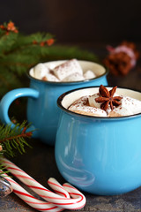 Hot chocolate is a traditional winter drink. Christmas background.