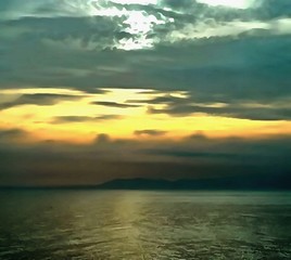 Hand drawing watercolor art on canvas. Artistic big print. Original modern painting for sale. Acrylic dry brush background.  Beautiful sky  landscape. Wonderful charming view. Red sunset. Paradise