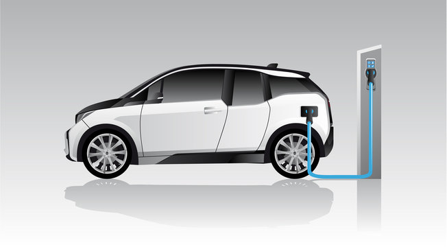 White electric car with charging station. Vector illustration EPS 10