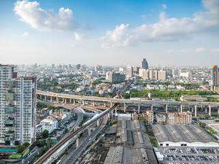  Aerial view of city, Landscape of Bangkok city skyline in Aerial view with skyscraper, with beautiful sky, Bangkok at night time, Bangna Bangkok, Thailand.