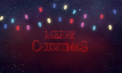 Spooky stranger things  Christmas card 80s scary style with Christmas lights and red text Merry Christmas  and snow in background