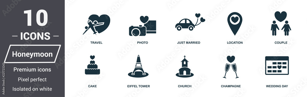 Poster honeymoon icons set. premium quality symbol collection. honeymoon icon set simple elements. ready to