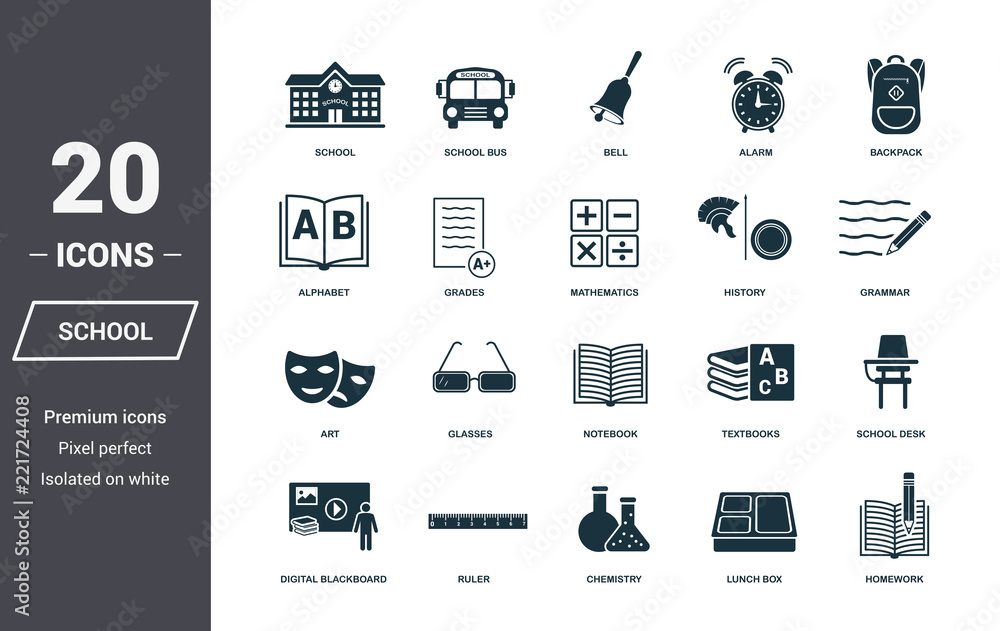 Poster school icons set. premium quality symbol collection. school icon set simple elements. ready to use i