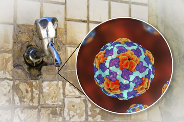 Safety of drinking water concept, 3D illustration showing Hepatitis A viruses contaminating drinking water