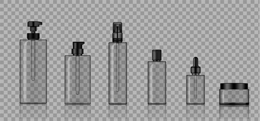 Mock up Realistic Transparent Bottle Cosmetic Soap, Shampoo, Cream, Oil Dropper and Spray Set for Skincare Product With Black Cap Background Illustration