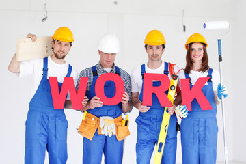 Workmen with word WORK