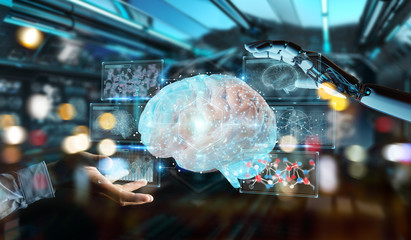 White man humanoid creating artificial intelligence 3D rendering