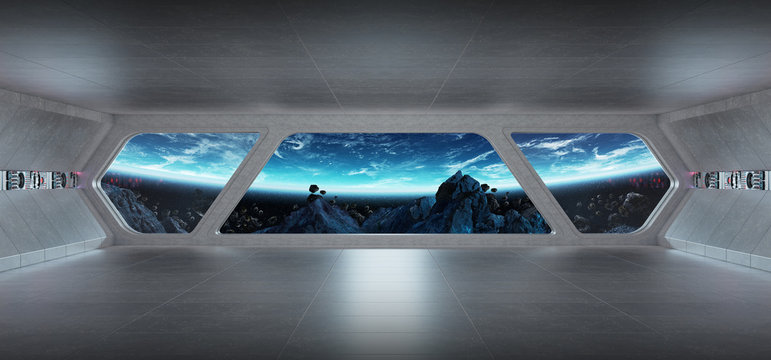 Spaceship futuristic grey blue interior with view on planet Earth