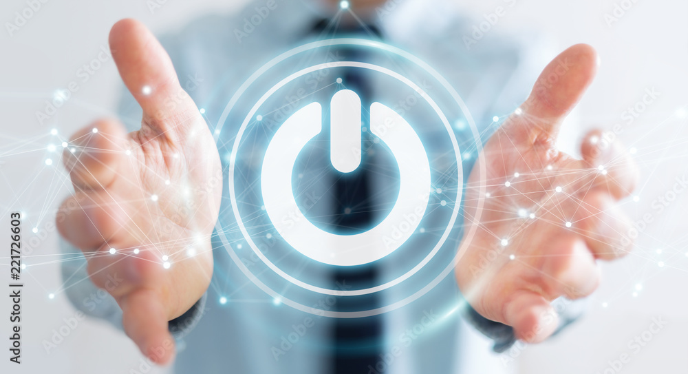 Aufkleber Businessman using 3D render power button with connections