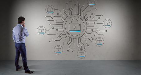 Businessman watching thin line web security interface