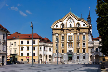 Fototapeta na wymiar Ursuline Church of the Holy Trinity in Ljubljana, Slovenia, built between 1718 and 1726 in the Baroque style.