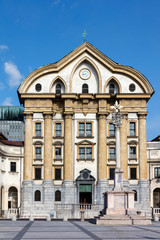 Fototapeta na wymiar Ursuline Church of the Holy Trinity in Ljubljana, Slovenia, built between 1718 and 1726 in the Baroque style.
