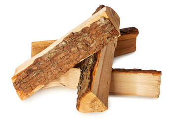 Split logs of wood for fuel on white