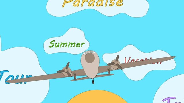 Airplane is floating on the ocean by passing through the tagged clouds. - Seamless loop