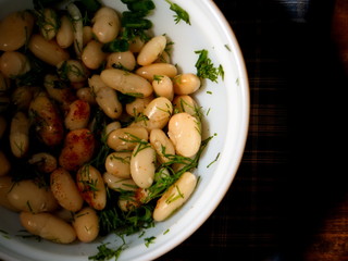 Salad from boiled string beans. Salad on the table.