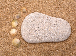  A pebble footprint witth seashells in the sand