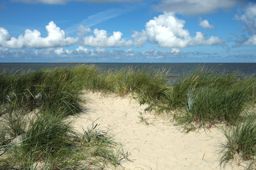 Grasd&uuml;ne und blauer Himmel und wei&szlig;e Wolken an der Nordsee - Stockfoto