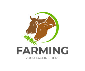 Farming, cattle-breeding, stock raising and cows eat hay in circle, logo design. Animal and pet, farm, agricultural and agriculture, vector design and illustration