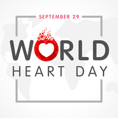 World Heart Day lettering on map background for poster or banner. Vector illustration 