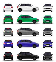 realistic cars set. hatchback. front view, side view, back view.