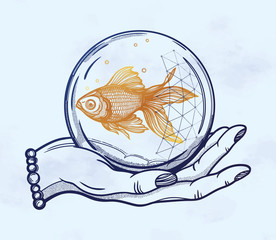 Traditional tattoo flash hand with goldfish
