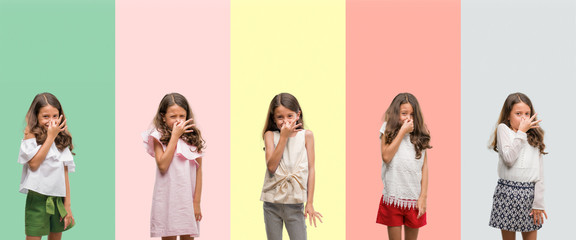 Collage of brunette hispanic girl wearing different outfits smelling something stinky and disgusting, intolerable smell, holding breath with fingers on nose. Bad smells concept.