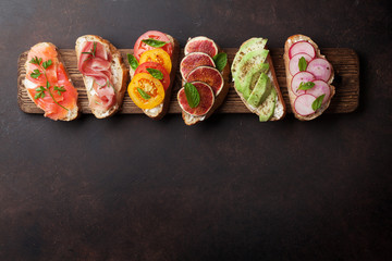 Brushetta or traditional spanish tapas