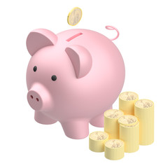 Pink piggy bank isolated on white background, 3d render illustration