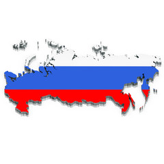Country shape of Russia - 3D rendering of country borders filled with colors of Russia flag isolated on white background with shadows.