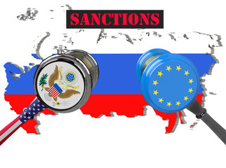 Judge hammer, European Union and United States of America sanctions against Russia, flag and emblem. 3d illustration. Isolated on white background.