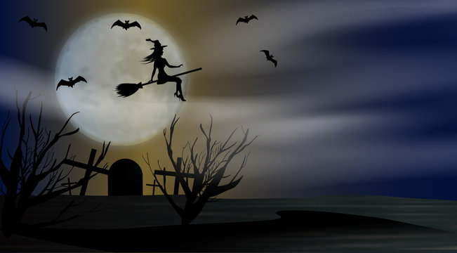 Halloween background night with flying young witch to background full moon above the cemetery. Vector illustration.