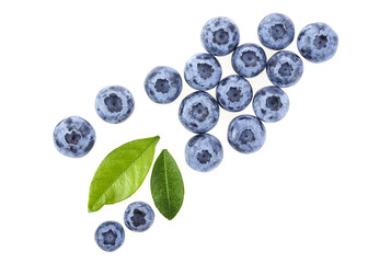 Fresh berries with leaves isolated on white background, top view. Blueberry.