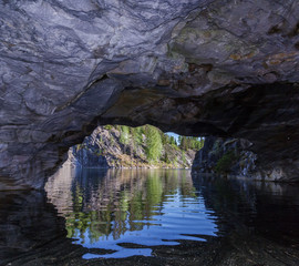 Inside the gallery in the mountain park of Ruskeala, Karelia