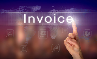 A hand selecting a Invoice business concept on a clear screen with a colorful blurred background.