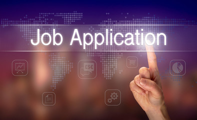 A hand selecting a Job Application business concept on a clear screen with a colorful blurred background.