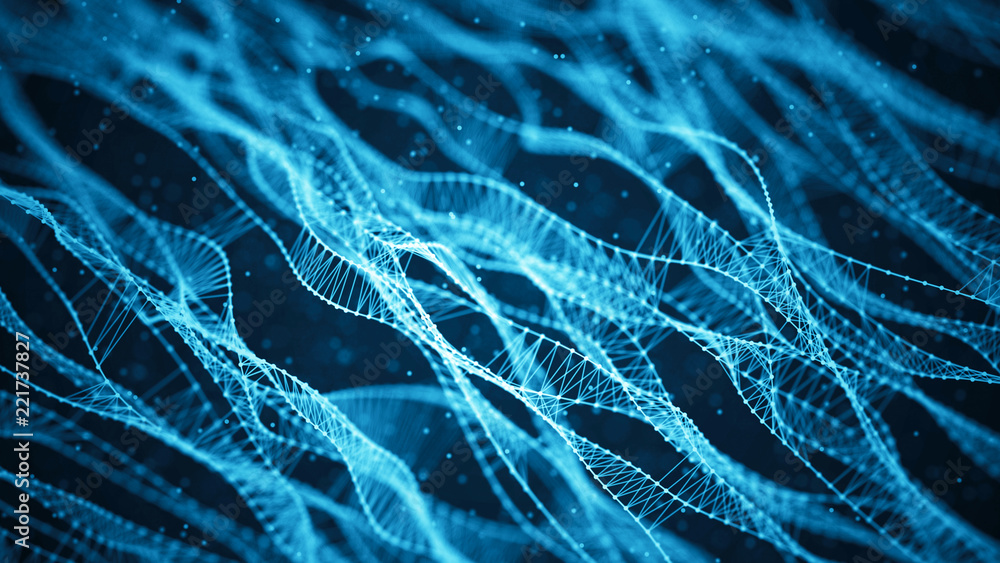 Poster Molecular background with DNA. Network concept with connecting dots and lines. Abstract particles. Big data visualization. Sound wave. 3d rendering.