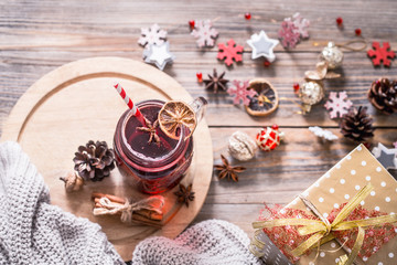 drink mulled wine on a wooden background