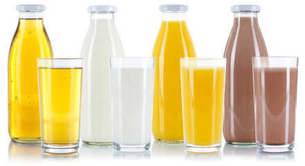 Apfelsaft Orangensaft Saft Milch Kakao Flasche Glas freigestellt Freisteller isoliert