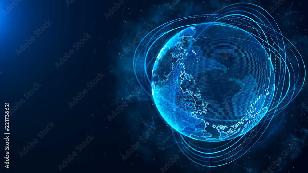 Poster Global network connection. World map point. Representing the global. Network connection. 3D rendering.